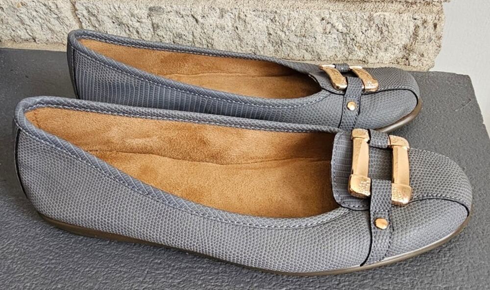 Aerosoloes Sherbert Ballet Flats, Gold Buckle Accent, Gray, Womens  Sz 7